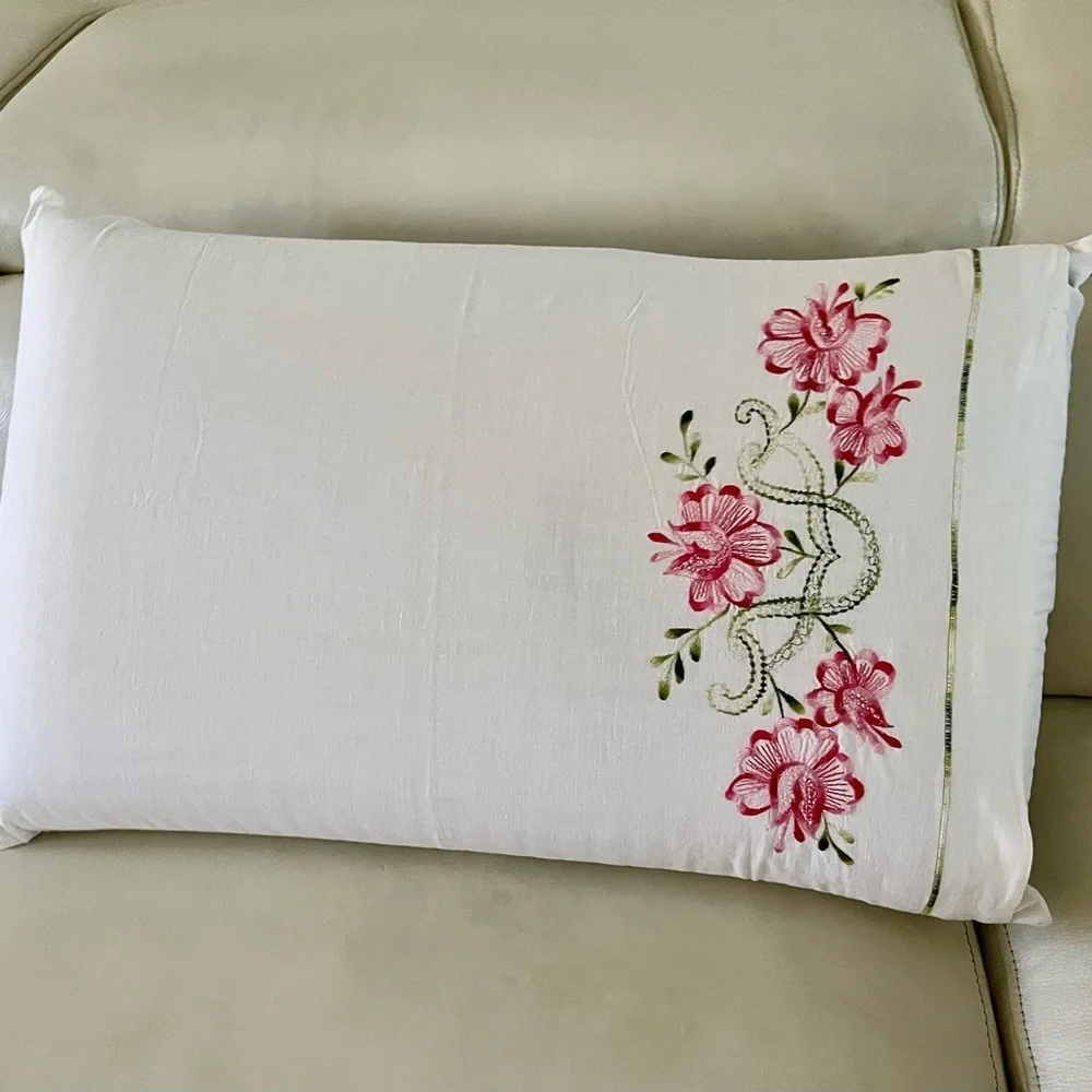 Floral Embroidered White Pillow case 19/26 inches